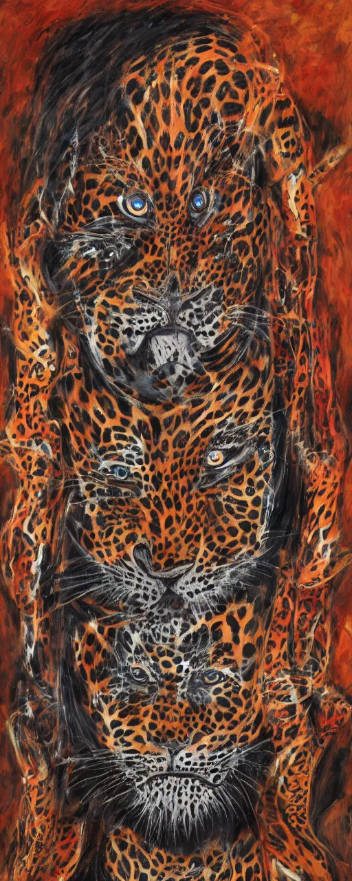 Image similar to an intricated and detailed painting of a shaman turning into a jaguar by jose clemente orozco 4 k render