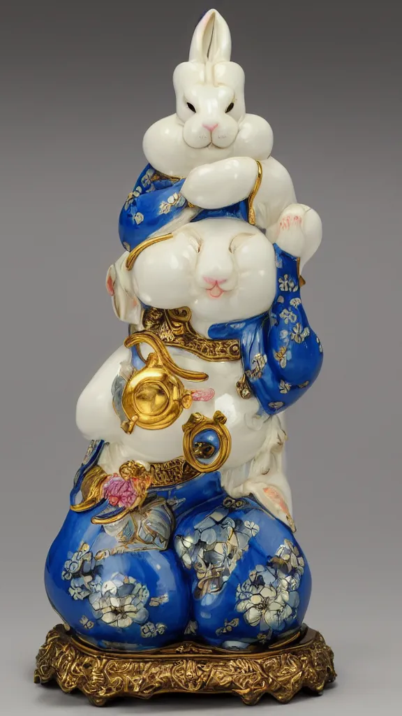 Image similar to porcelain rabbit head budda statue with blue details having a japanese kiseru in hand painted by john singer sargent