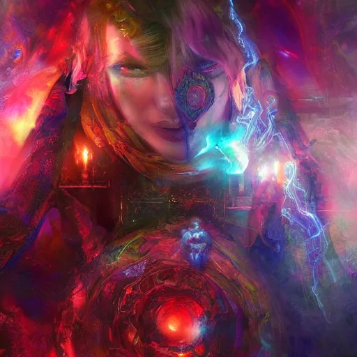 Image similar to dmt trip through the metaverse by raymond swanland, highly detailed, bright tones