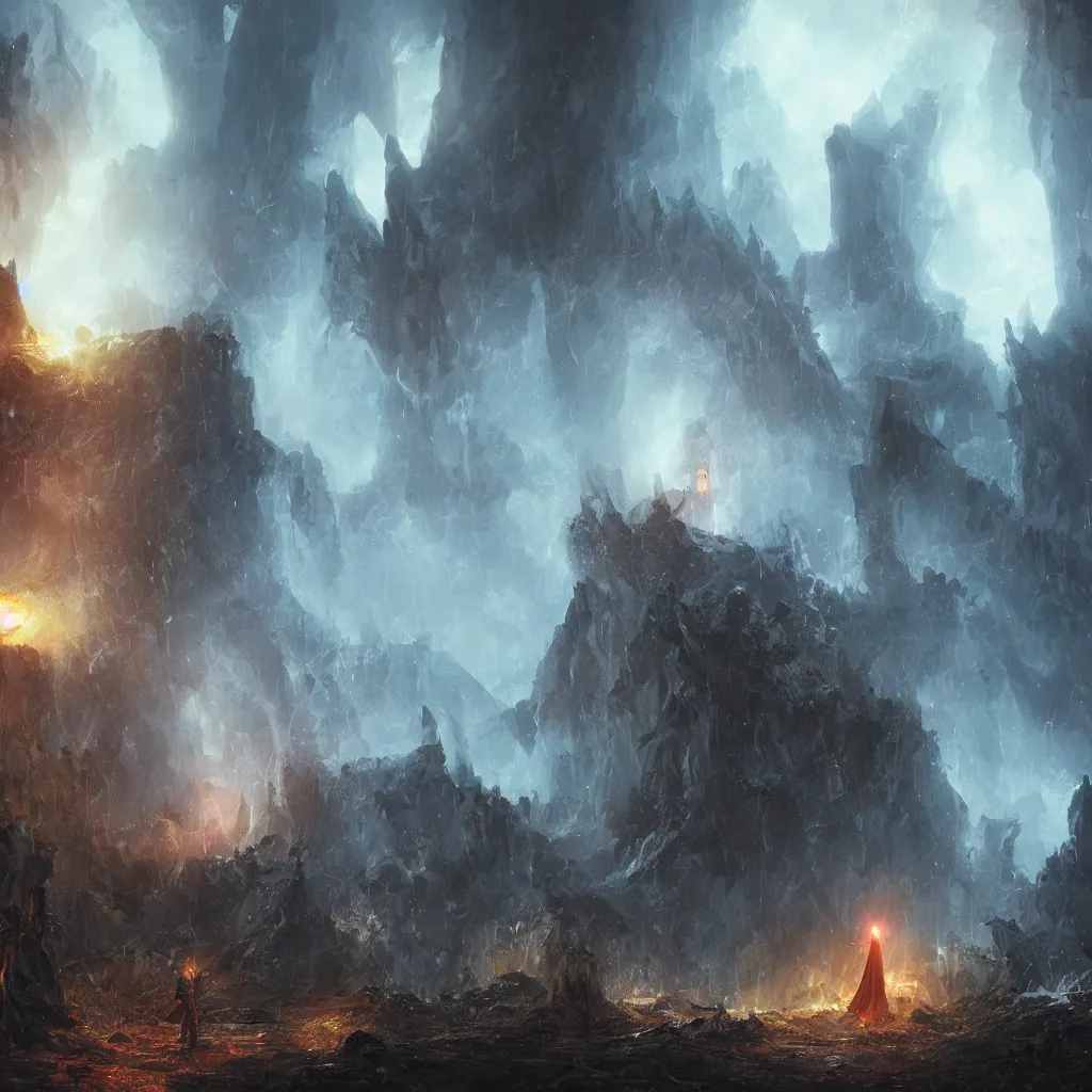 Image similar to a still of a cloaked figure standing in the ruins of crux prime, bree, lantern - lit town, there is lightning, blue fiery maelstrom in the distance, it is raining, digital art, artstationhq