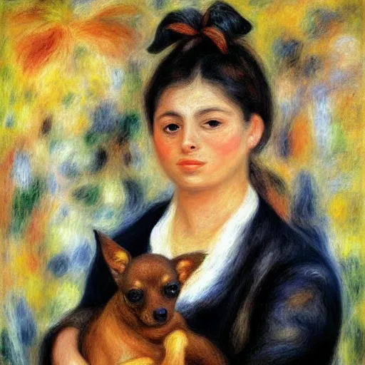 Image similar to a woman and her black and brown chihuahua by pierre - auguste renoir