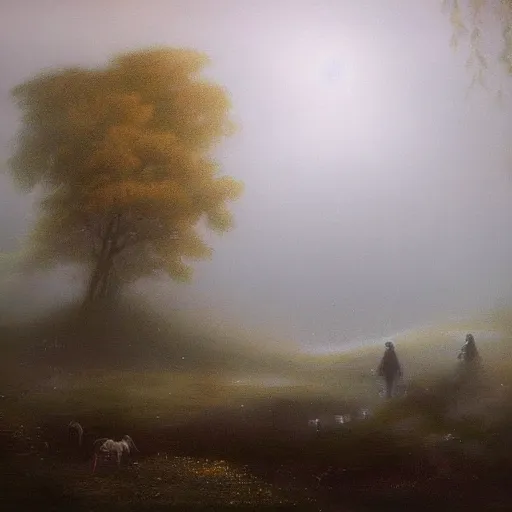 Image similar to beautiful misty landscape with dark figures playing cellos