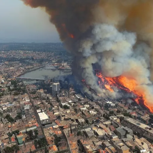 Image similar to a city is getting destroyed with fire and buildings are breaking a man from higher elevation looking at city detailed