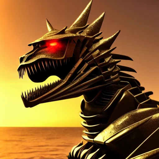 Image similar to chest up bust shot, realistic detailed stunning beautiful armored anthropomorphic humanoid female robot dragon, looking to the side, sleek streamlined armor and design made of steel, sharp claws and sharp teeth, Slick LEDs, standing on two legs, on the beach during sunset, high quality, cinematic art, sunset lighting, 3D render, 8k, artstation, deviantart, furaffinity