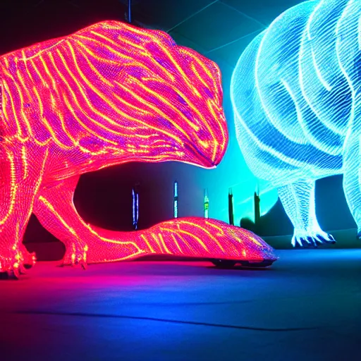 Image similar to electric blue scaled glowing baby dinosaurs in tron movie, cinestill