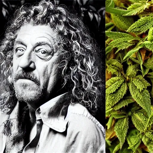 Image similar to robert plant made of marijuana buds and leafs for a head and face 4 k