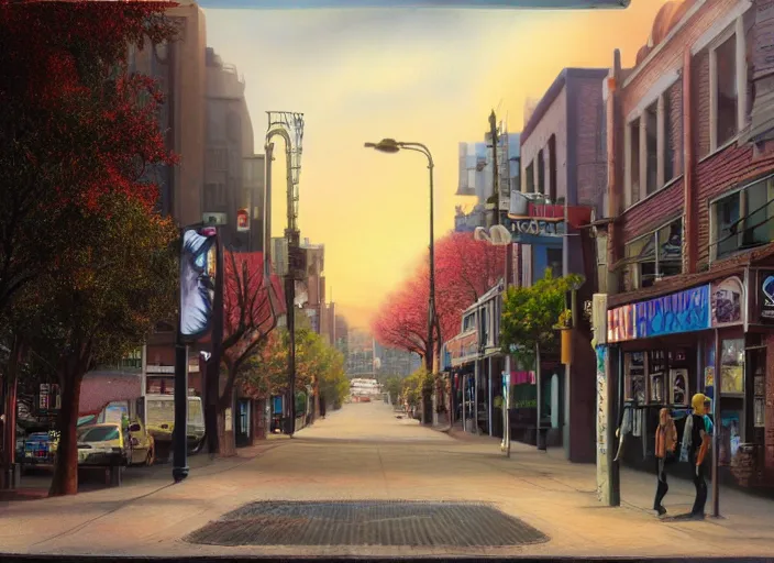 Prompt: north melbourne street, lowbrow, sunrise, matte painting, 3 - d highly detailed, in the style of mark ryden