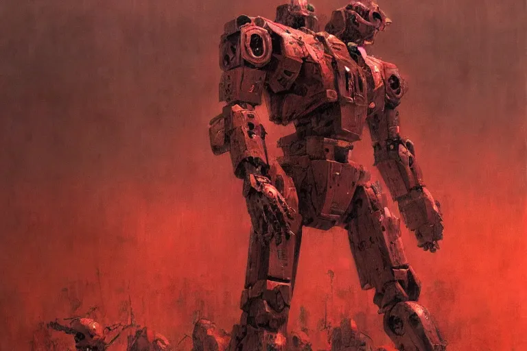 Image similar to mecha soldier 🪖, part by ashley wood, part by zdzislaw beksinski, surreal oil painting, highly detailed, photo realistic, abstract expressionism, red tint, projection mapping, soft illumination, trending on artstation, masterpiece