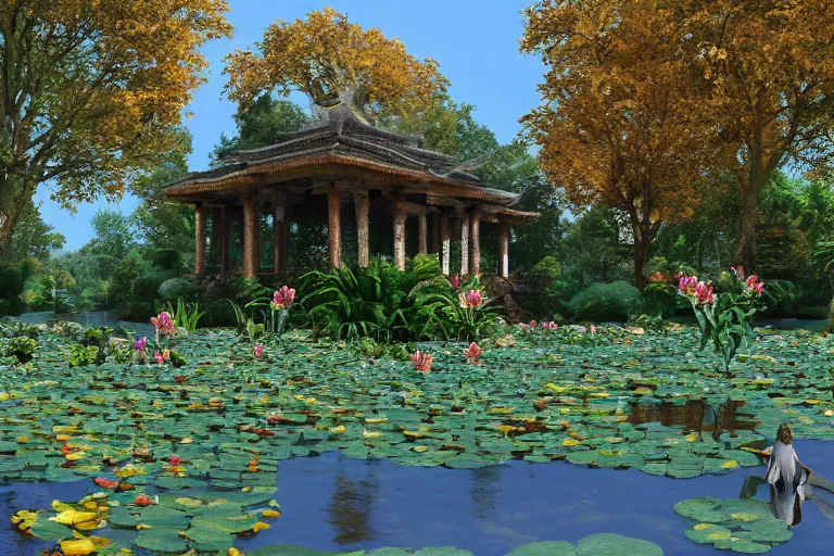 Image similar to A lovely overgrown temple in a pond full of lily pads with autumn!!! trees overhead and blue aberrant skies, trending on artstation, 4k, 8k, illustrated and reimagined by Max Hay, yellow dappled lighting, eye-level view, artstation 3d, artstation render, artstation 3d render, 3d art, unreal engine 3d, octane 3d, blender 3d, 3d landscape, photorealistic imagery, photorealistic details, intricate, highly detailed, fisheye!!! view!!!, lens distortion!!!, chromatic aberration