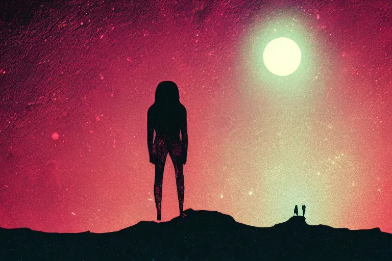 Image similar to a sad human standing on mars in the style of flooko, acrylic art, detailed, moonlight, red lighting, bokeh, synthwave, psychedelic, glitch, neon,