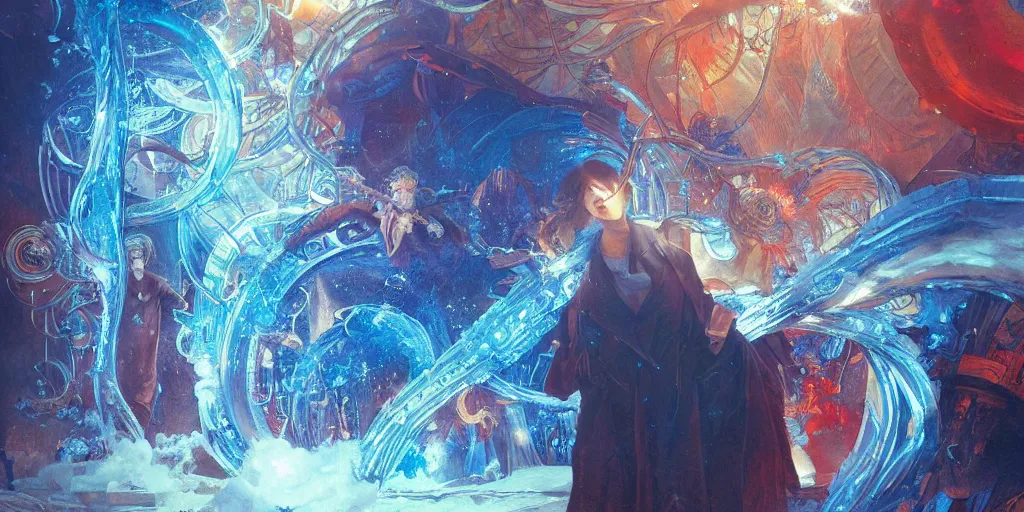 Image similar to arcs of blue flame intertwined with water, glinting particles of ice, dramatic lighting, steampunk, bright neon, holographic secret cyphers, red flowers, solar flares, intricate art by alphonse mucha and greg rutkowski