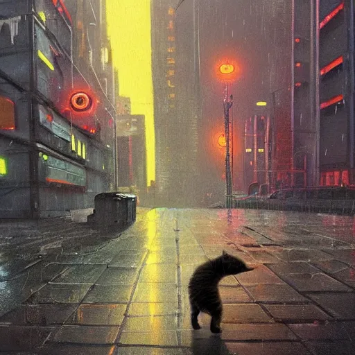 Image similar to a gritty, realistic painting of a broad-shouldered, heavy construction robot reaching down to pet a kitten, in a dark, wet cyberpunk city, by Simon Stålenhag and James Gurney