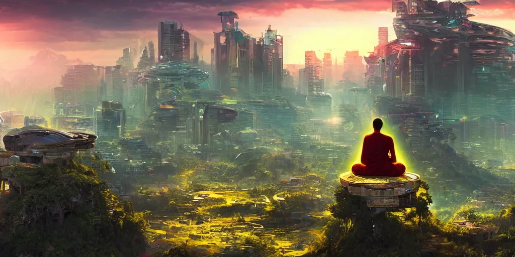 Image similar to a cinematic composition depicting : a computer run cyberpunk civilization encroaching on a solarpunk world, on top of the mountain a monk is in a lotus pose overlooking a hopeful and lush foresty solarpunk valley at sunrise