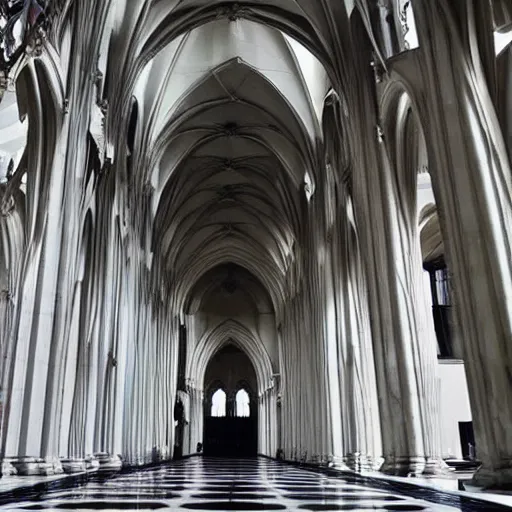 Image similar to architect, white marble gothic cathedral with a alabaster gothic girl dressed in black with perfect face