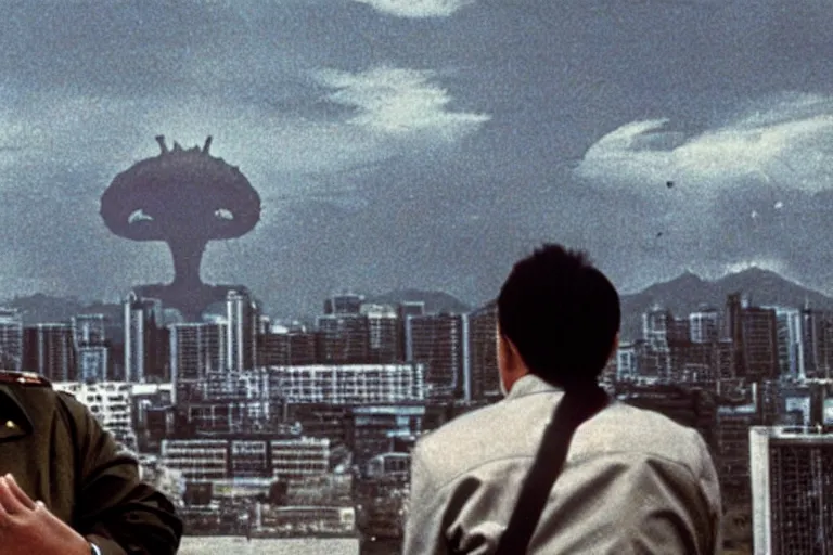 Image similar to a filmstill of Kim Jong-il looking at Starro Kaiju monster destroying Pyongyang, in Stalker (1979) by Andreï Tarkovski, traditional Korean city, palace, epic ultrawide shot, cinémascope