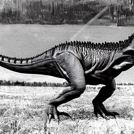 Prompt: real dinosaur caught on film, photograph