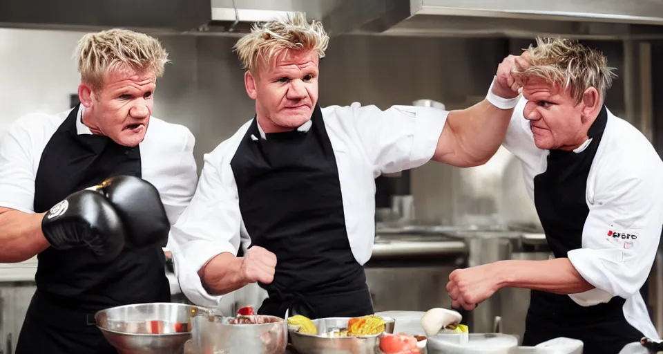 Image similar to photo of angry furious Gordon Ramsay punching Gordon Ramsay at the kitchen