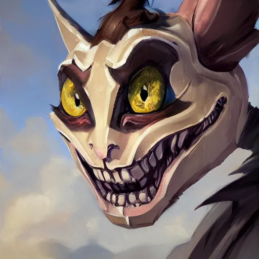 Image similar to greg manchess portrait painting of partially armored cheshire cat from alice in wonderland as overwatch character, medium shot, asymmetrical, profile picture, organic painting, sunny day, matte painting, bold shapes, hard edges, street art, trending on artstation, by huang guangjian, gil elvgren, ruan jia, randy vargas, greg rutkowski