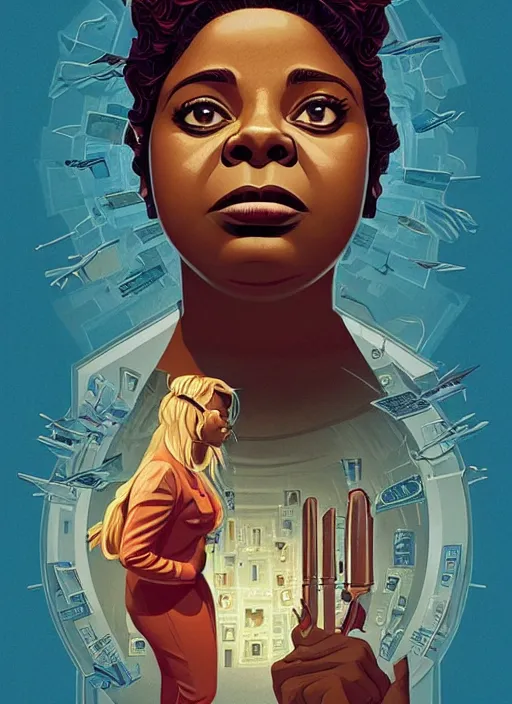 Image similar to poster artwork by Michael Whelan and Tomer Hanuka, Karol Bak of Octavia Spencer has a thousand voices in her head, reality is a labyrinth, psychological thriller from scene from Twin Peaks, clean, simple illustration, nostalgic, domestic, full of details