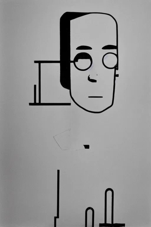 Image similar to a minimalist portrait of Marcel Duchamp connected to an ancient machine in the style of Annie Leibovitz, Irving Penn, Hito Steyerl, Shinya Tsukamoto, Saâdane Afif, Pieter Hugo, Shrigley line drawing and 35mm film, wide angle, monochrome, futuristic tetsuo