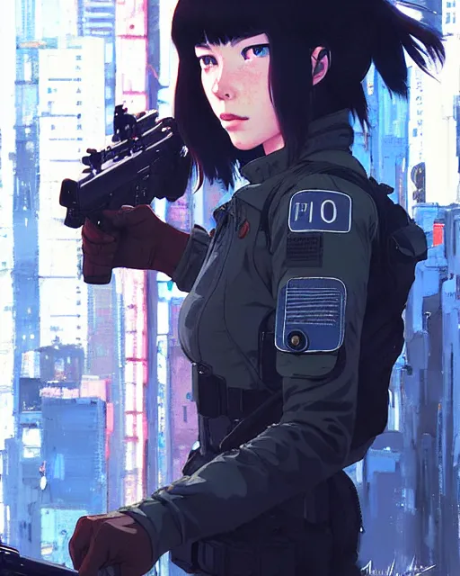 Image similar to girl wearing in tactical gear | | audrey plaza, fine detail!! anime!! realistic shaded lighting!! dramatic!! poster by ilya kuvshinov katsuhiro otomo ghost - in - the - shell, magali villeneuve, artgerm, jeremy lipkin and michael garmash and rob rey