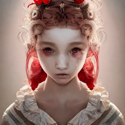 Image similar to the portrait of an absurdly beautiful, graceful, elegant, sophisticated, fashionable little girl made of strawberries and white petals looking down, an ultrafine hyperdetailed illustration by kim jung gi, irakli nadar, intricate linework, bright colors, octopath traveler, final fantasy, unreal engine 5 highly rendered, global illumination, radiant light, detailed and intricate environment