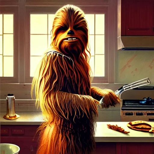 Image similar to portrait of chewbacca wearing an apron making pancakes in a 1 9 7 0 s kitchen, intricate, headshot, highly detailed, digital painting, artstation, concept art, sharp focus, cinematic lighting, illustration, art by artgerm and greg rutkowski, alphonse mucha, cgsociety