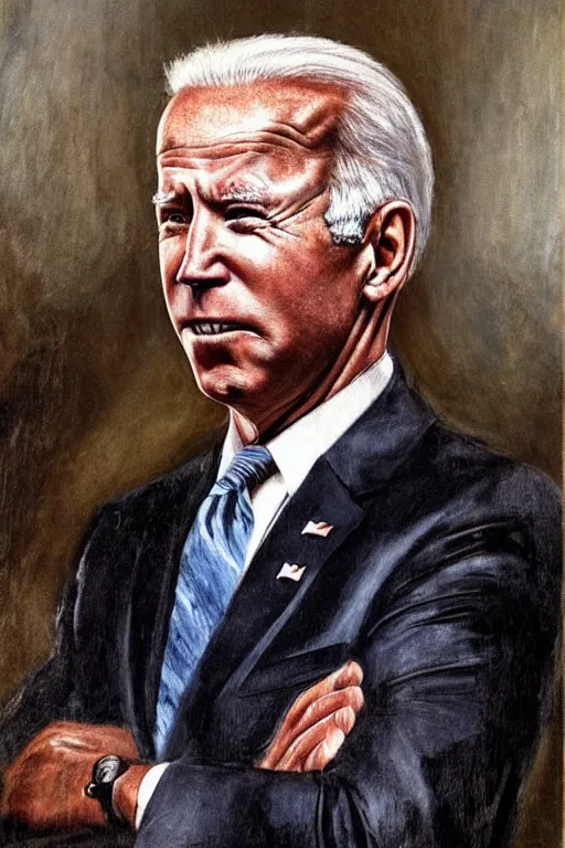 Prompt: Socialist realist painting of revolutionary leader Joe Biden by Isaak Brodsky, Highly detailed, full body portrait, masterpiece