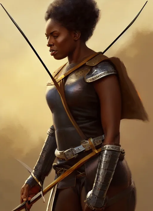 Image similar to full body portrait of beautiful black woman as a medieval archer, leather armor and war bow, cinematic, highly detailed, digital painting, artstation, concept art, smooth, sharp focus, illustration, face by wlop, illustrated by mars ravelo and greg rutkowski