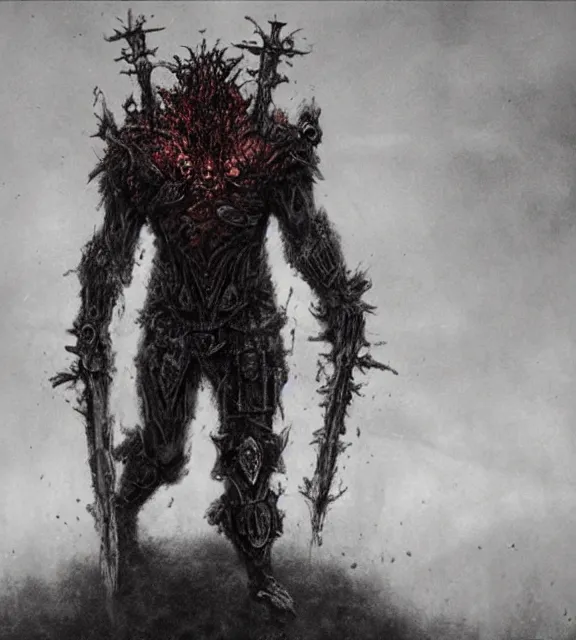 Image similar to chaos berserker in hellish armor concept, beksinski, trending on artstation