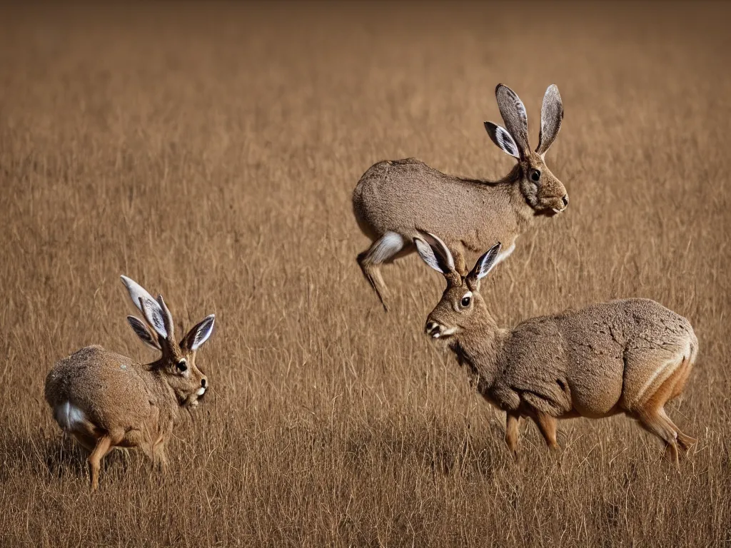 Prompt: a photograph of a jackalope grazing in a field, by national geographic, ultra real, 8 k, high resolution, golden hour, depth of field, nature photography