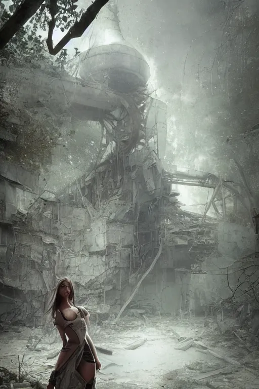 Prompt: cute nymph girl posing in the ruins of chernobyl, by greg rutkowski and raymond swanland, sharp focus, trending on artstation, cinematic lighting