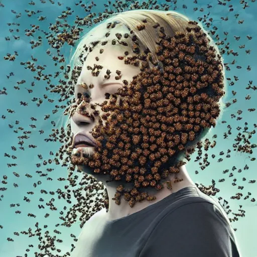 Prompt: The angry, agonizing face of a woman who is a swarm of bees made of bees surrounded by bees🐝 aggressive hateful hyperreal surreal fantasy artwork, very very beautiful, trending on artstation