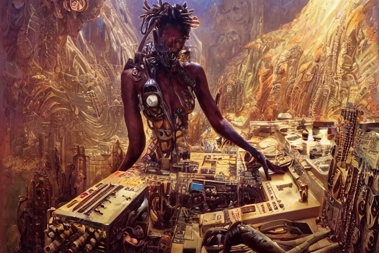 Prompt: a centered photo of a post apocalyptic tribal cyborg tweaking and playing synthesizers in the most complicated fractal and technical musical studio, powerful, cinematic, beautifully lit, by donato giancola, by artgerm, by karol bak, 3 d, perfect face and body, trending on artstation, octane render, 8 k