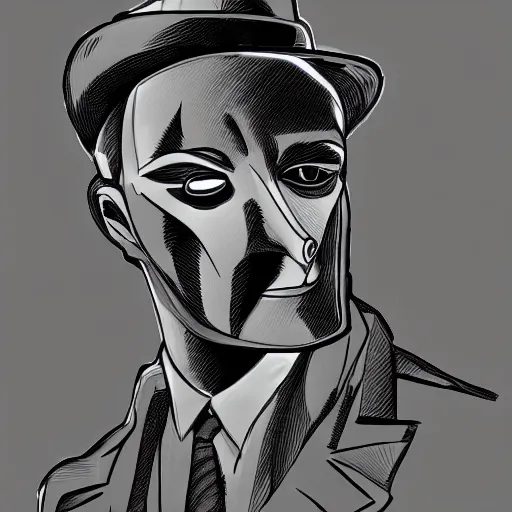 Prompt: portrait of noir robot detective, black and white digital art,