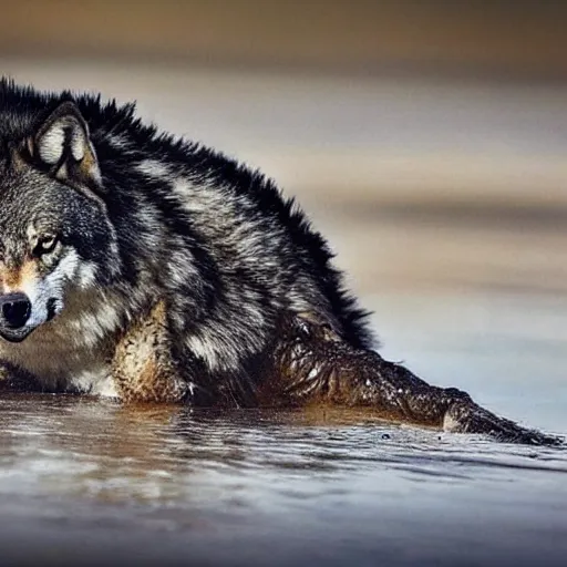 Prompt: a wolf crocodile!!! hybrid! bold natural colors, masterpiece, trending on artstation, photograph, national geographic, wildlife photographer of the year