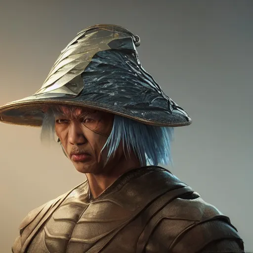 Prompt: hyper realistic, highly detailed hybrid of raiden from mortal kombat, and raiden from metal gear solid wearing a conical rice hat. unreal engine, greg rutkowski, beeple global illumination, translucent, sub - surface scattering,