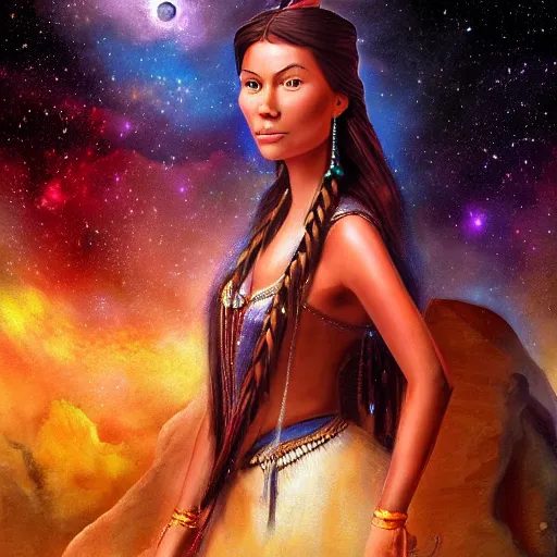 Image similar to a portrait of Pocahontas in the space with nebulae, realistic painting, high definition, digital art, matte painting, very detailed, realistic