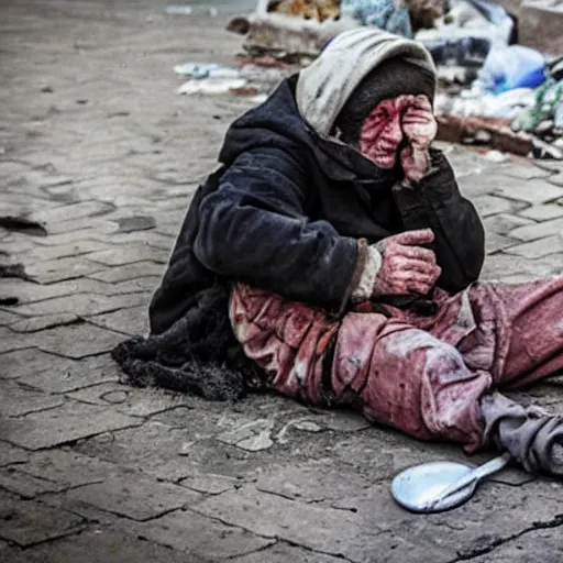 Prompt: ukraine after nuclear war, beggars hungry scary bums and devastation