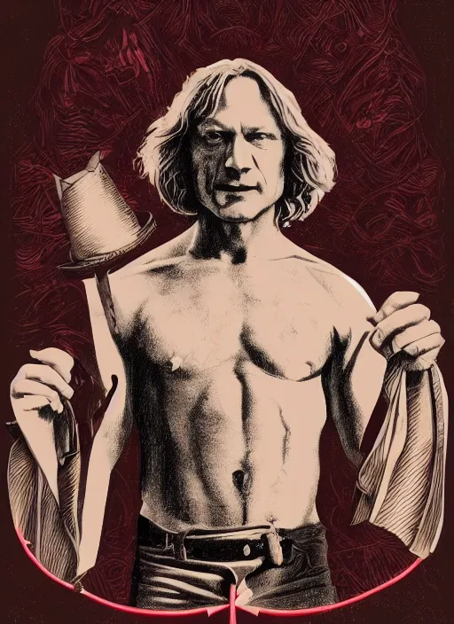 Prompt: a drawing of ted levine as buffalo bill in silence of the lambs, poster art by emiliano ponzi, behance contest winner, pop surrealism, concert poster, tarot card, poster art