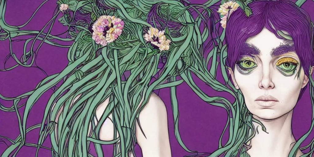 Image similar to the non-binary deity of Spring, she resembles a mix of Grimes, Aurora Aksnes, and Zoë Kravitz, in a style blend of Botticelli and Æon Flux, stunningly detailed artwork