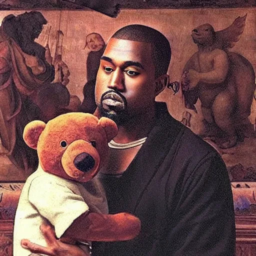 Image similar to A renaissance painting of Kanye West with a anthropomorphic Teddy Bear mascot, portrait, album cover,