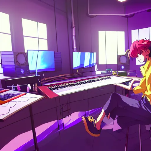 Image similar to An anime character working in their music studio. 90s anime, Sailor Moon, Neon Genesis, official art, flat cell shading, fantastic screenshot art, trending on artstation