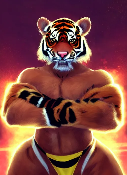 Image similar to character portrait of a male anthro Tiger fursona wearing a wrestling costume in a futuristic wrestling ring. Character design by charlie bowater, ross tran, artgerm, and makoto shinkai, detailed, inked, western comic book art