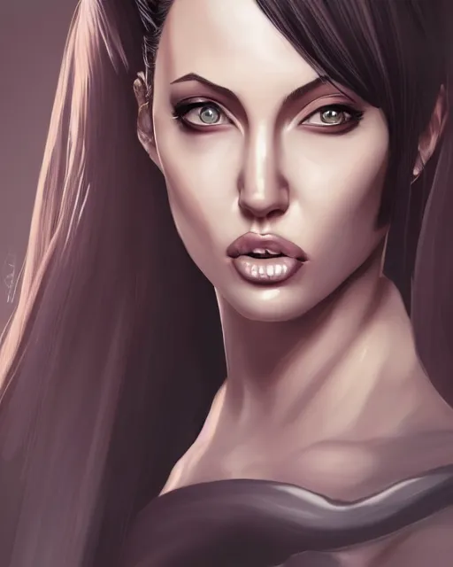 Image similar to capcom character, anime portrait of angelina jolie, highly detailed, digital painting, artstation, character, concept art, smooth