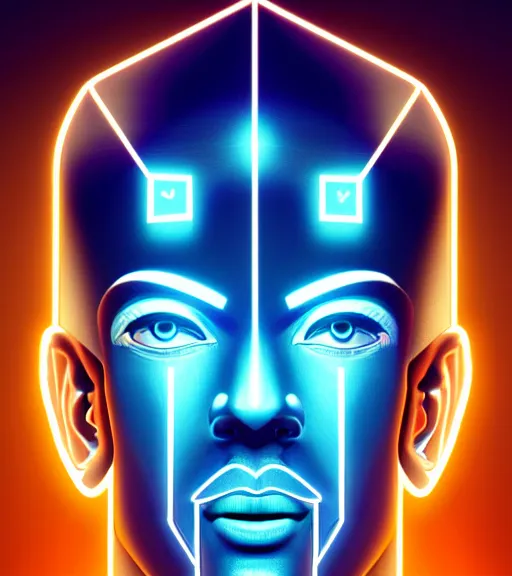 Image similar to symmetry!! egyptian god of technology, solid cube of light, hard edges, product render retro - futuristic poster scifi, lasers and neon circuits, brown skin handsome egyptian god, intricate, elegant, highly detailed, digital painting, artstation, concept art, smooth, sharp focus, illustration, dreamlike, art by artgerm