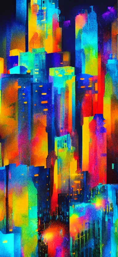 Prompt: “ city at night, covered in paint, digital art ”