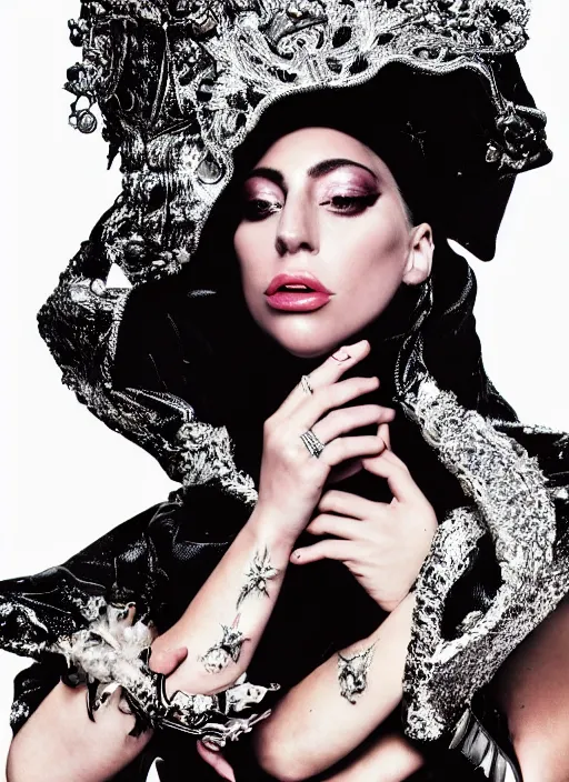 Image similar to lady gaga photoshoot styled by nick knight posing renaissance themed, vogue magazine, Highly realistic. High resolution. Highly detailed. Dramatic. 8k.4k.