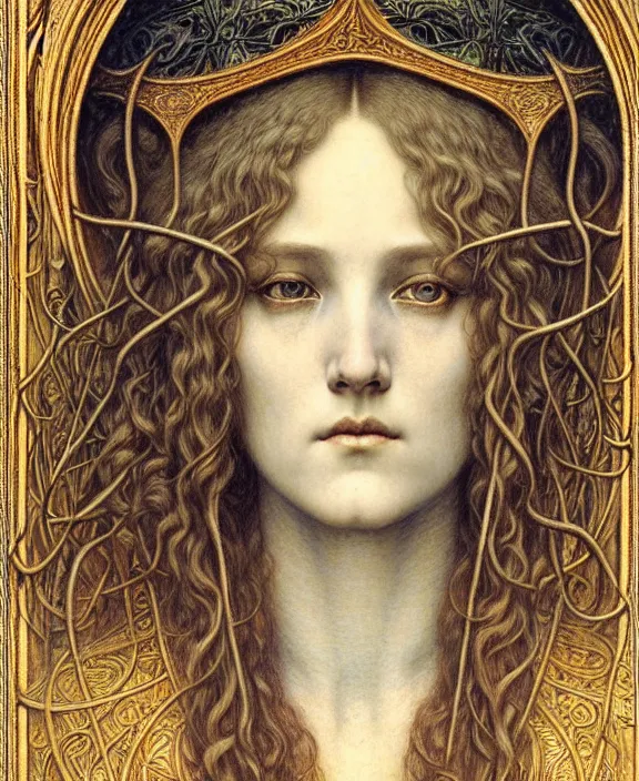 Image similar to detailed realistic beautiful young medieval queen face portrait by jean delville, gustave dore and marco mazzoni, art nouveau, symbolist, visionary, gothic, pre - raphaelite. horizontal symmetry