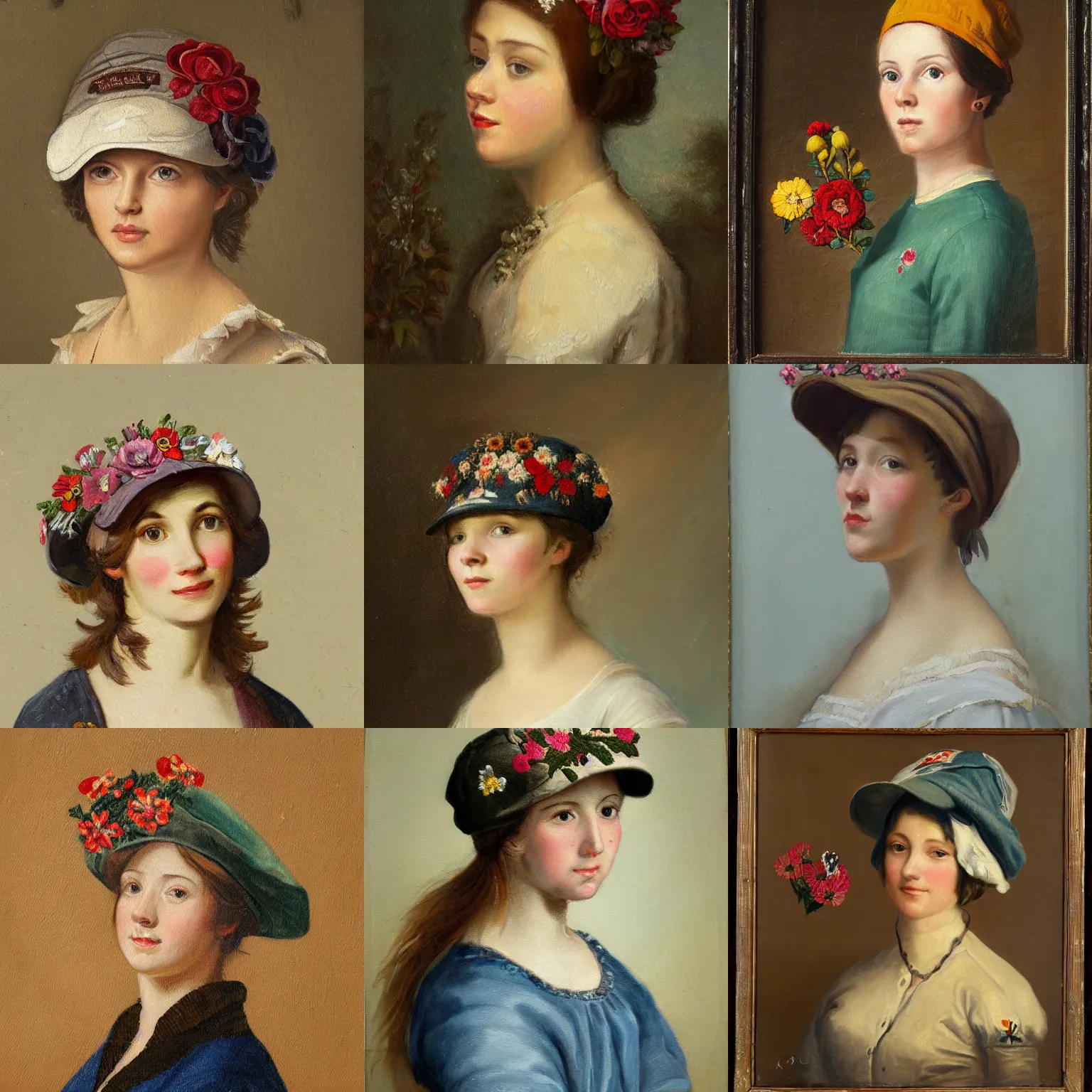 Prompt: a painting of a young woman with short brown hair wearing a caps with embroidered flowers on by christian krogh